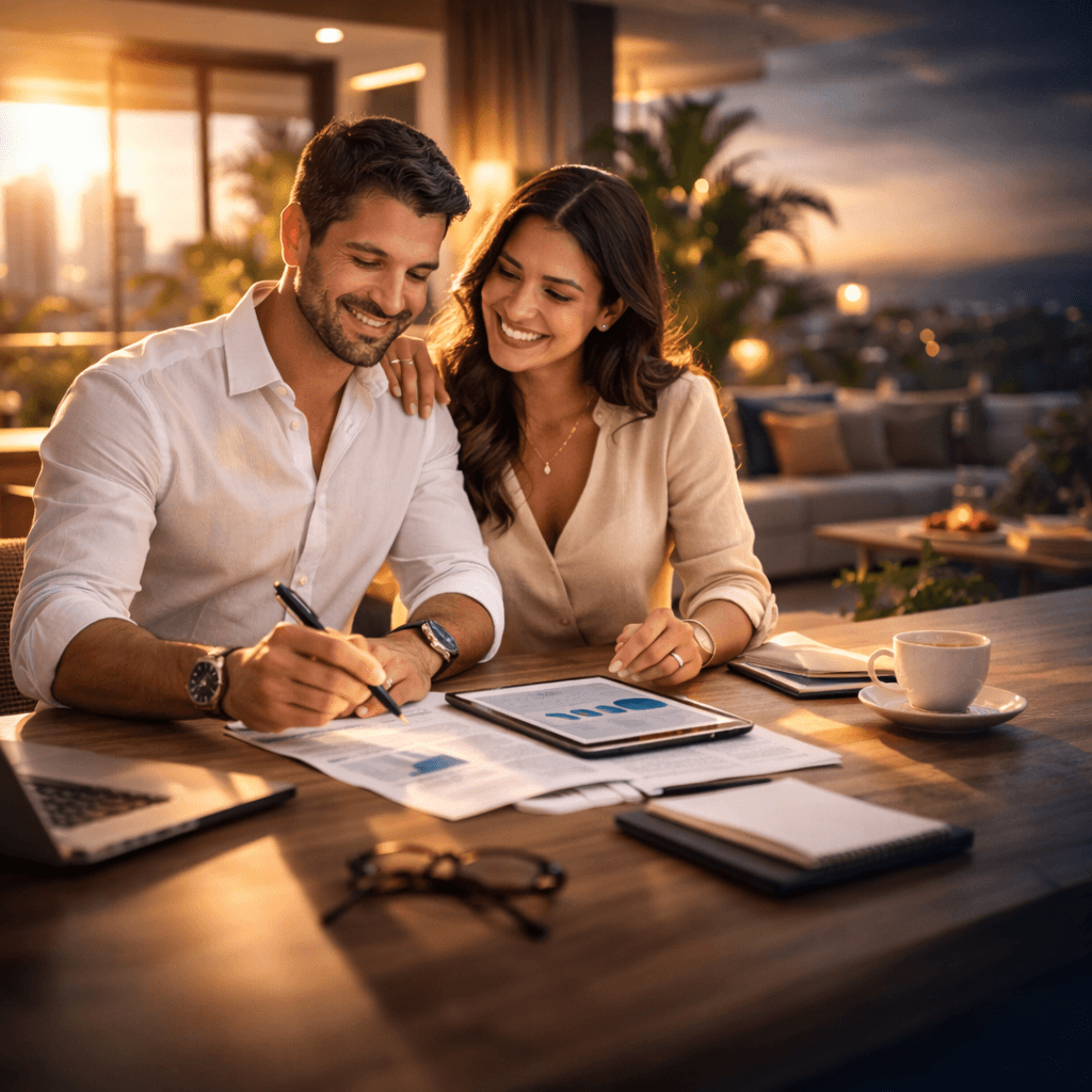 Casal planejando o futuro financeiro com clima de segurança e estabilidade