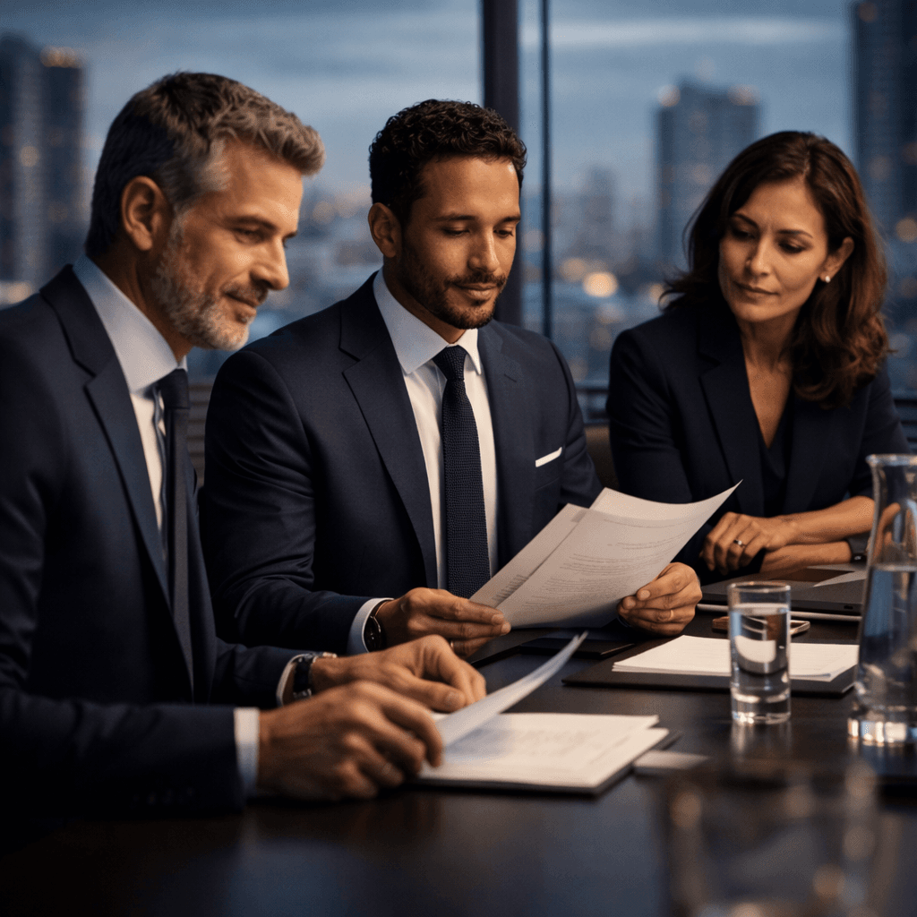 Executivos em reunião corporativa com clima de confiança e gestão de risco