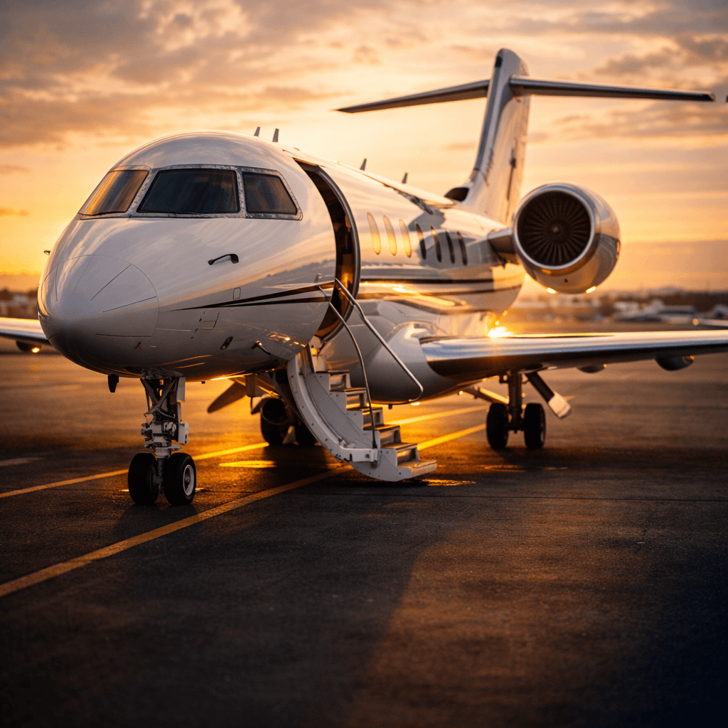 Jato executivo em pista ao pôr do sol com clima sofisticado