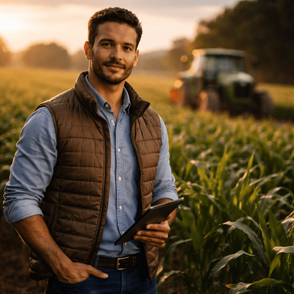 Produtor rural em lavoura com clima premium e profissional