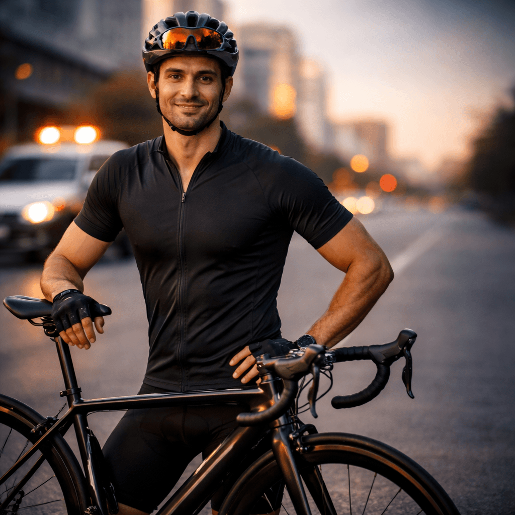 Ciclista brasileiro ao lado da bicicleta, em cenário premium