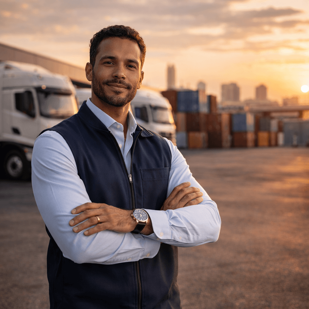 Logística com caminhão e contêiner em centro de distribuição