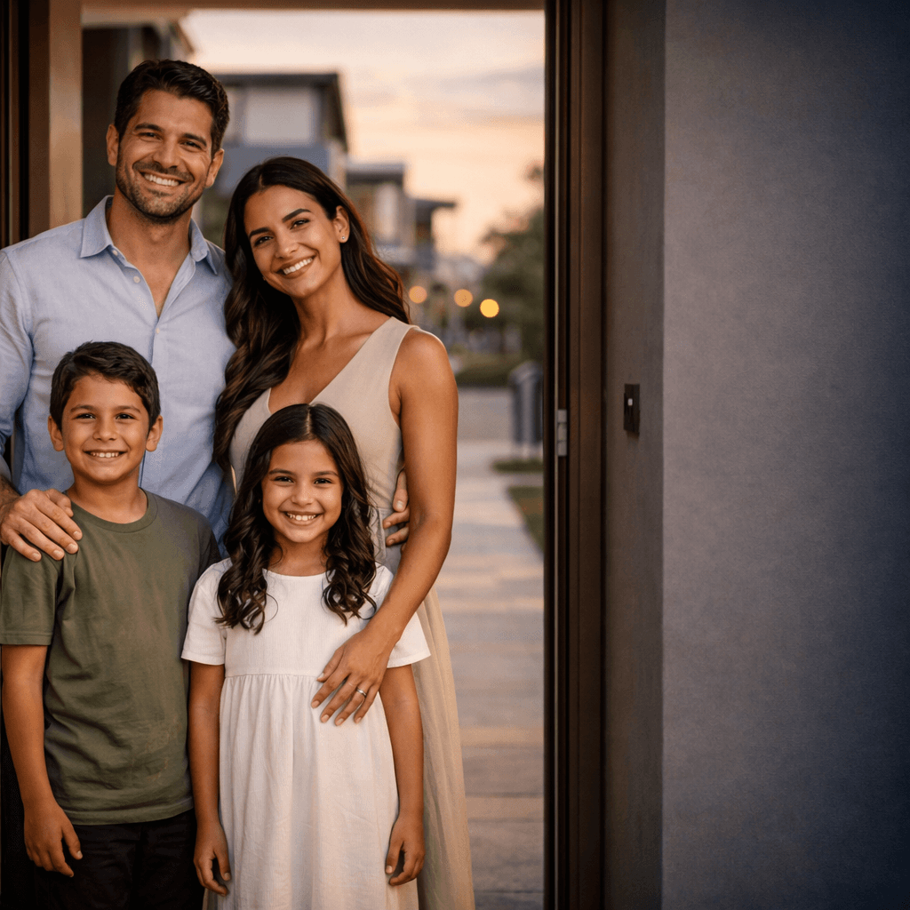 Família brasileira em casa moderna com sensação de proteção e tranquilidade
