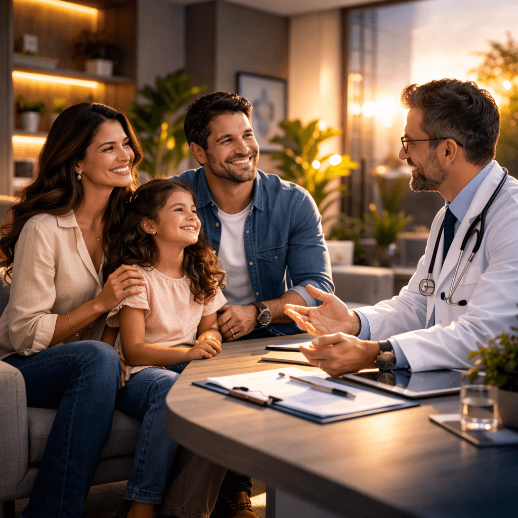 Família brasileira em consulta médica com clima de confiança e segurança