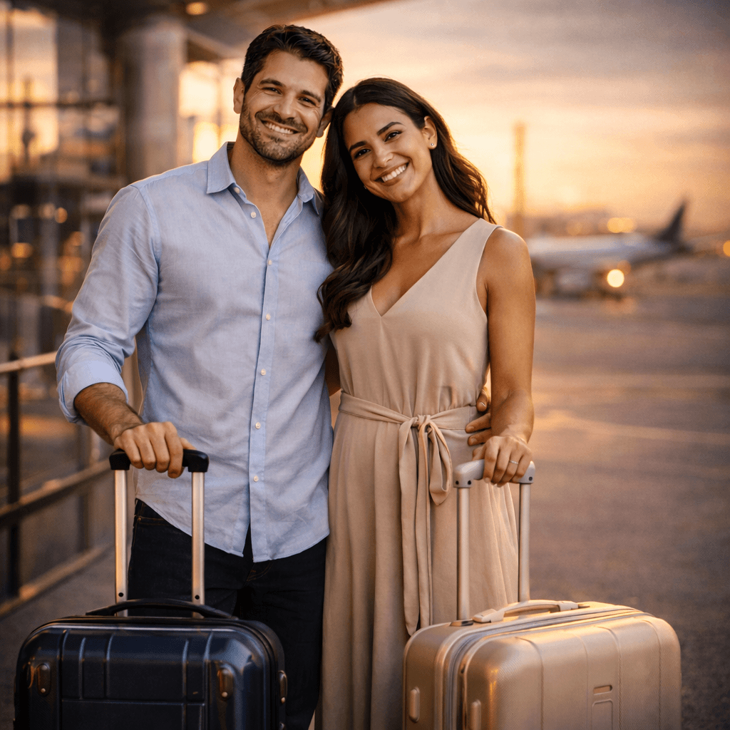 Casal brasileiro viajando ao pôr do sol com malas e clima premium