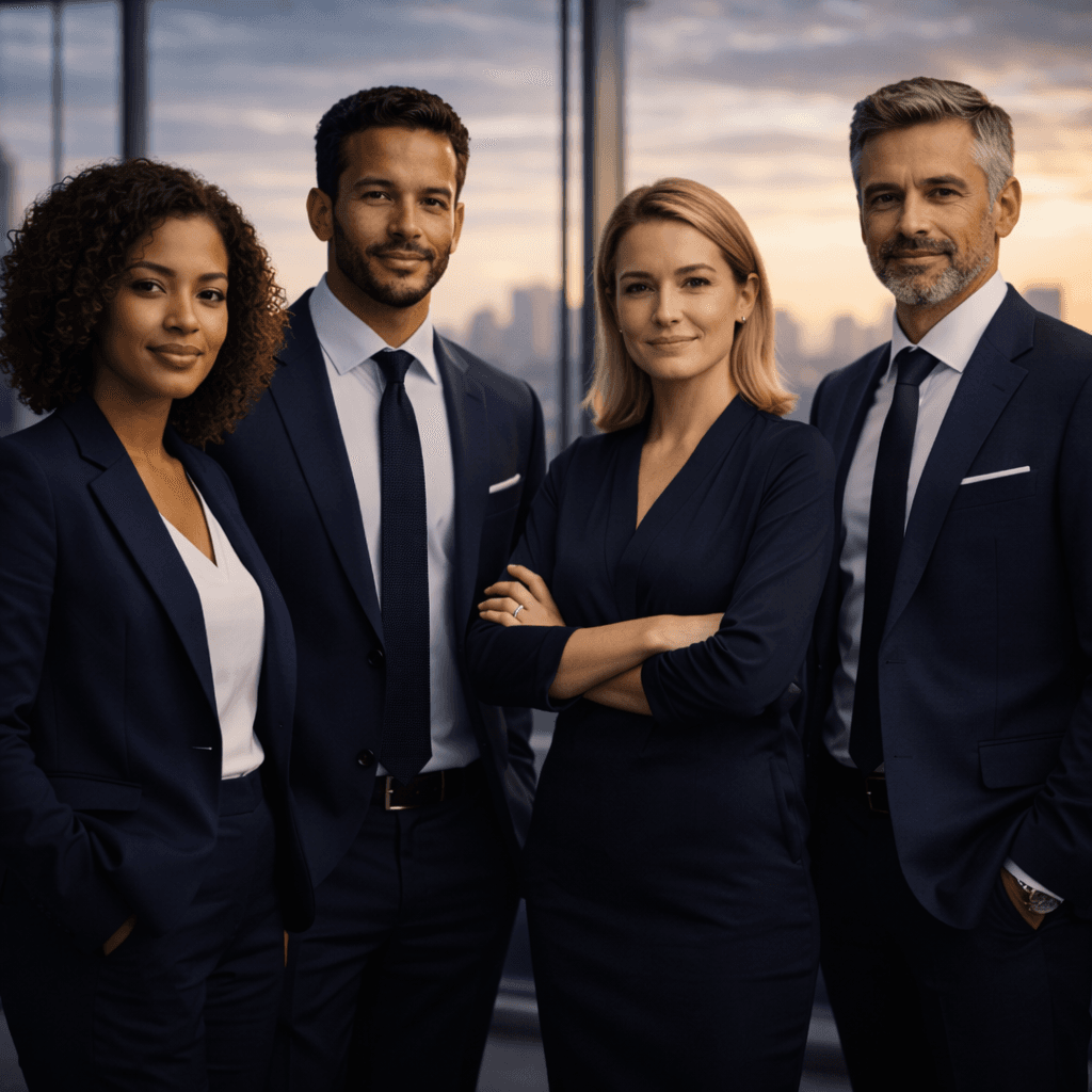 Equipe corporativa reunida em ambiente profissional moderno