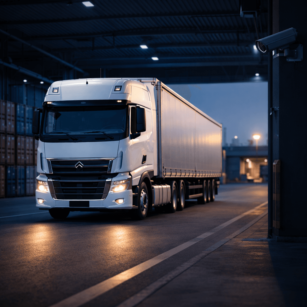 Operação logística com caminhão e carga em ambiente corporativo