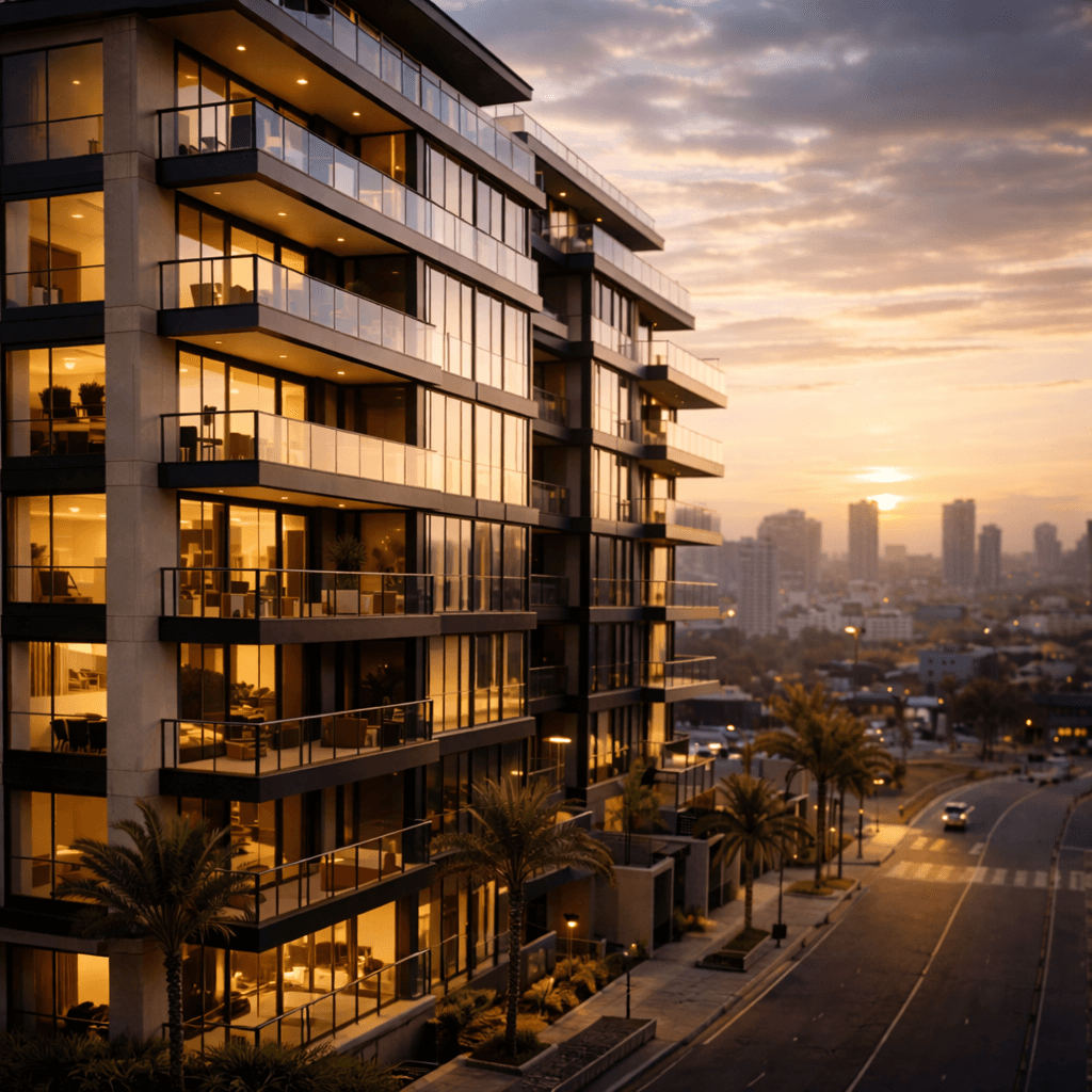 Condomínio moderno com fachada premium em cenário urbano