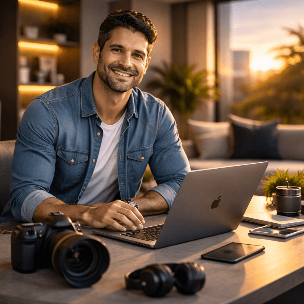 Profissional com equipamentos premium protegidos, em cenário moderno