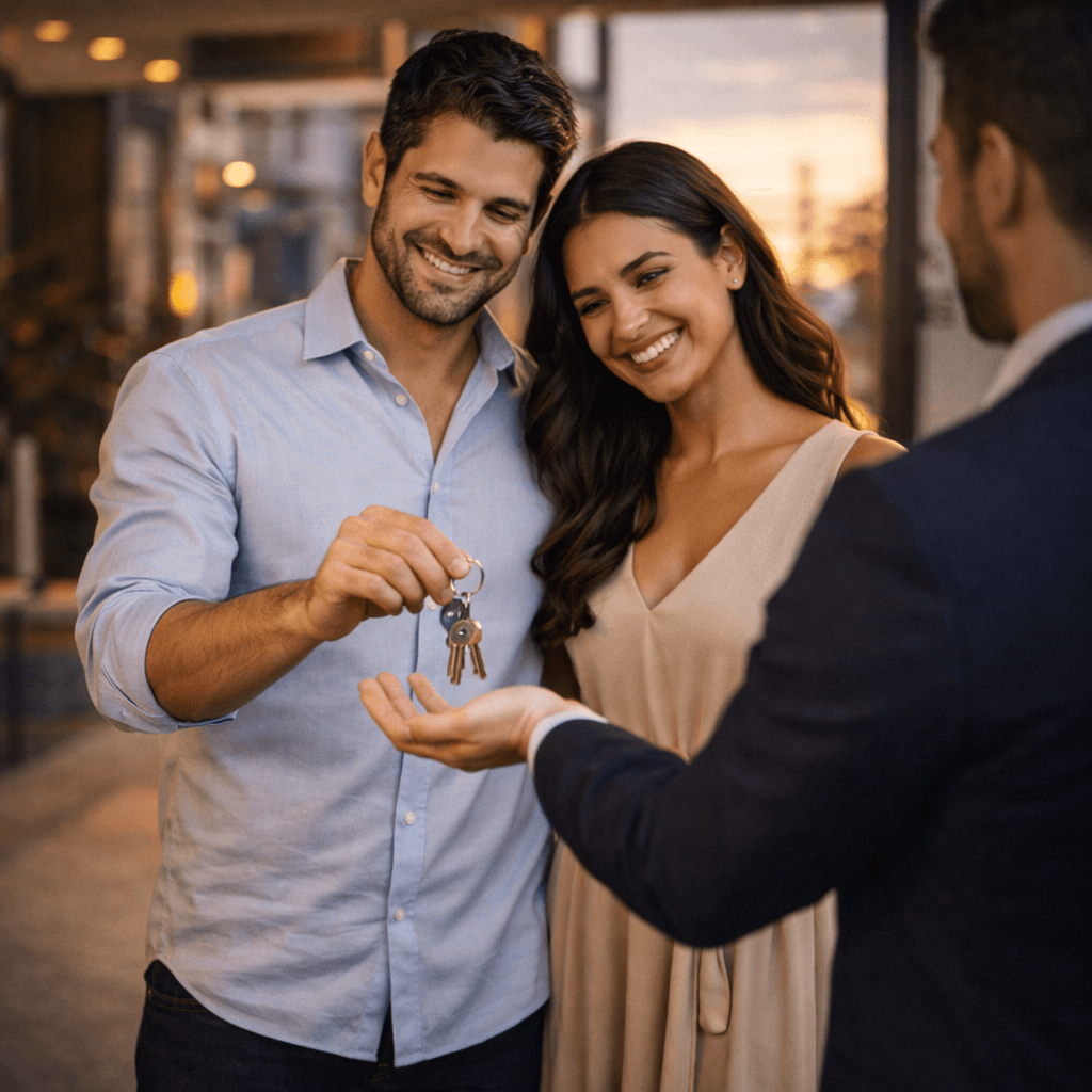 Casal recebendo as chaves do imóvel em cenário moderno e premium