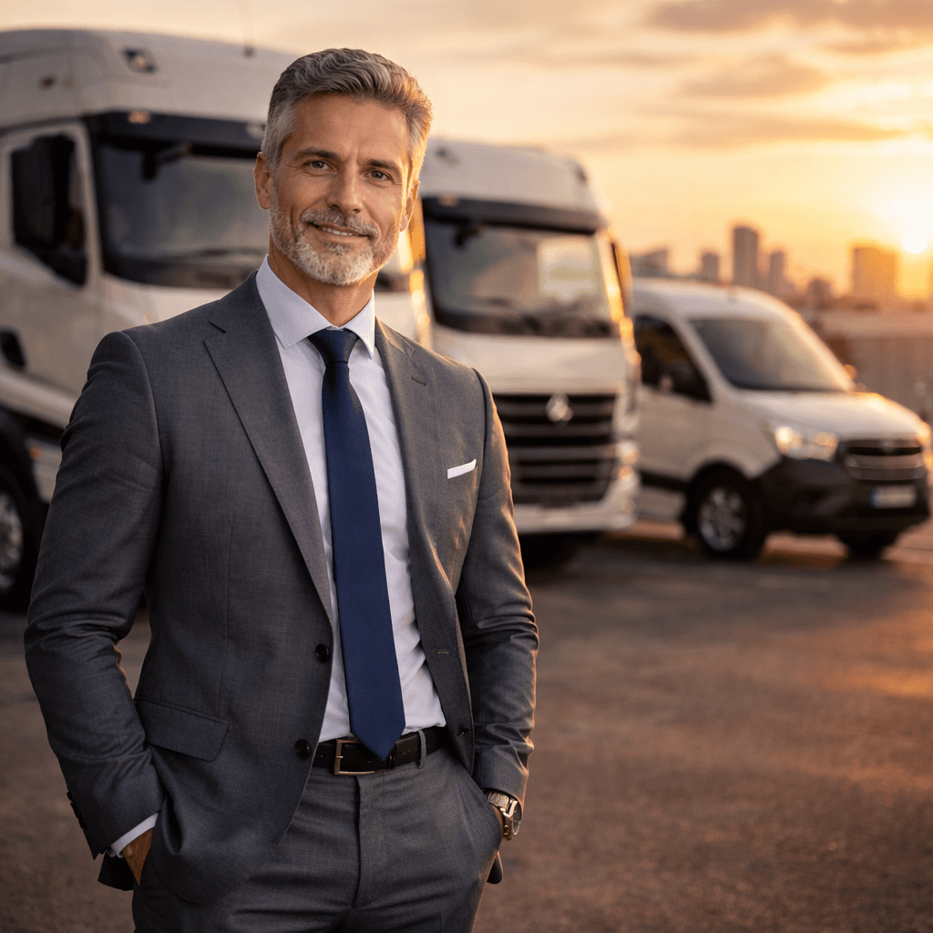 Gestor de frota em pátio logístico com veículos corporativos