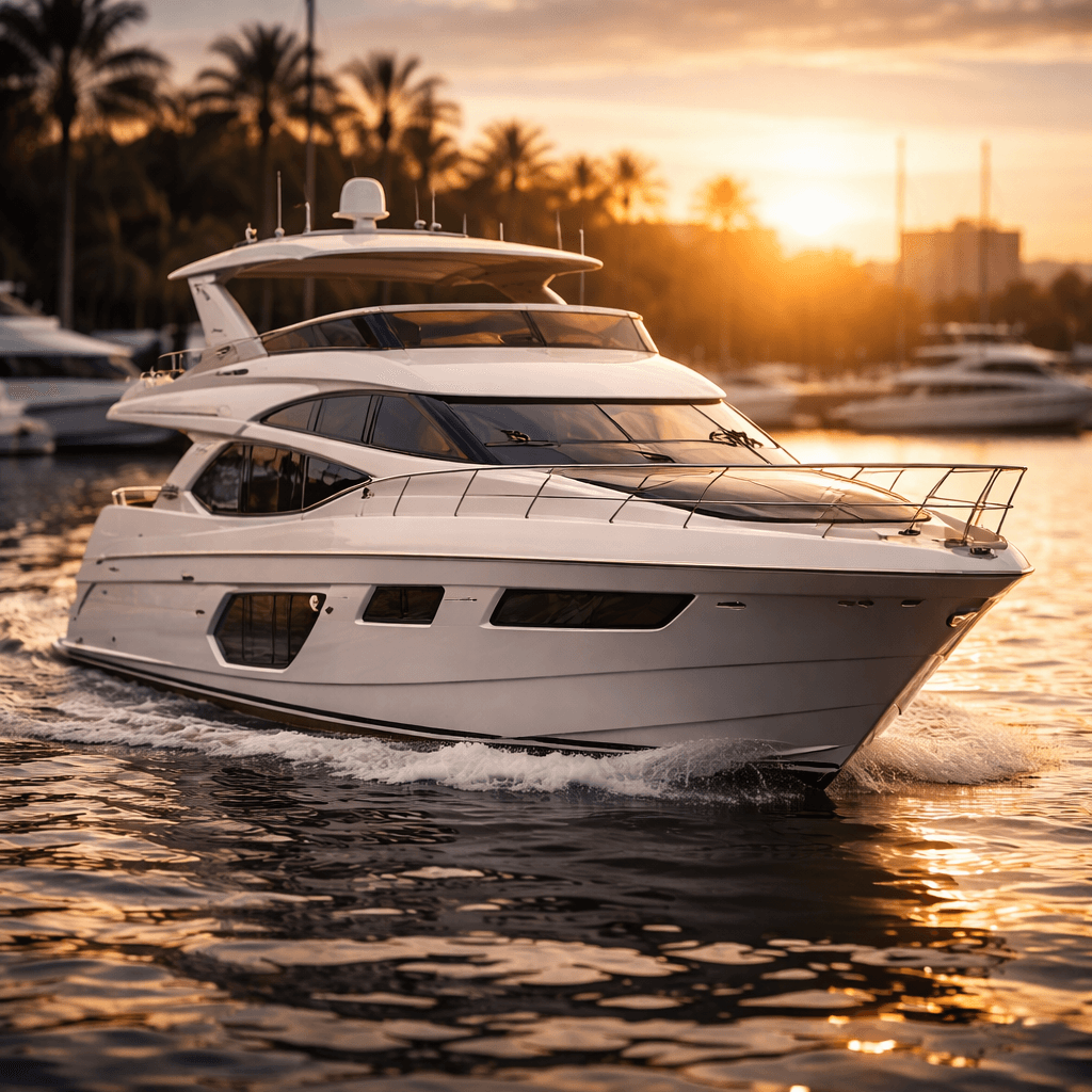Lancha premium navegando ao pôr do sol em cenário sofisticado