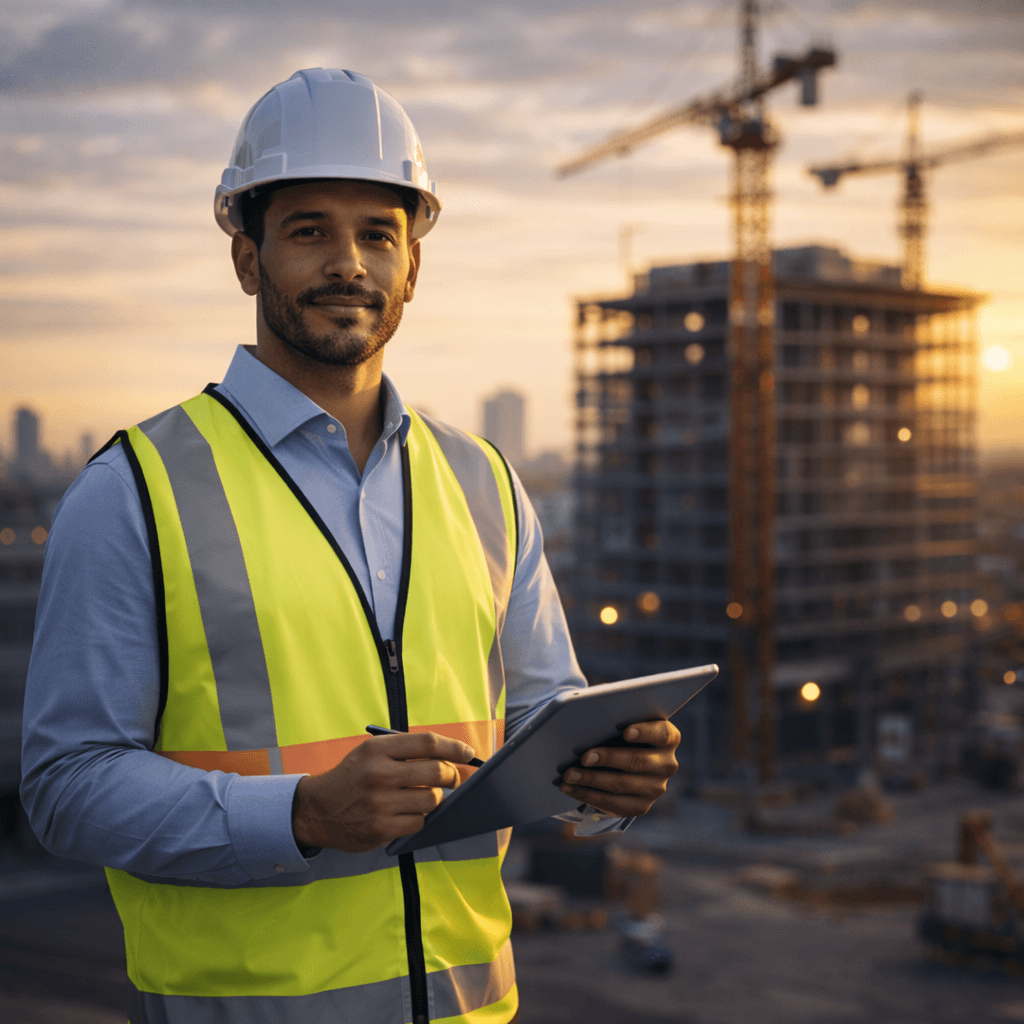 Engenheiro em obra moderna com planejamento e segurança