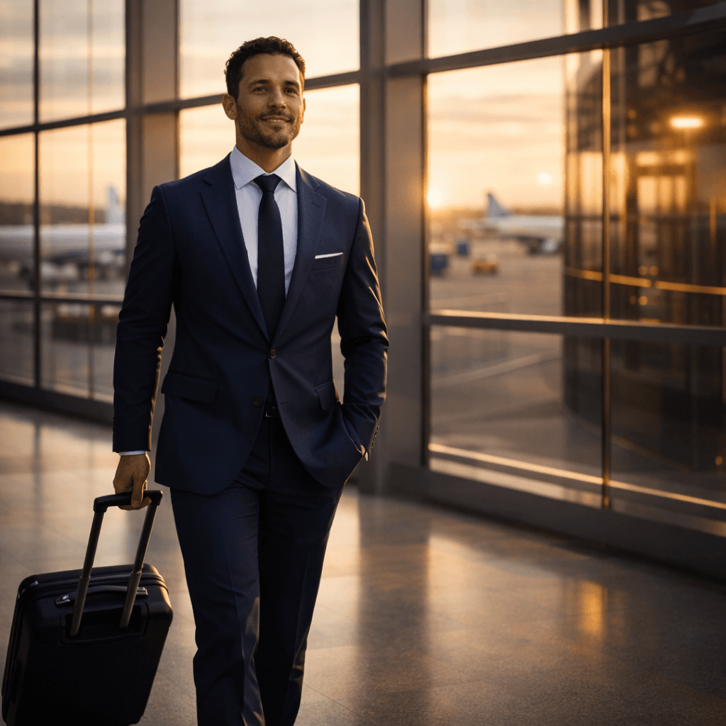 Executivo em aeroporto durante viagem corporativa