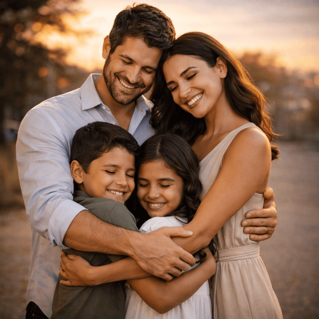 Família brasileira sorrindo com clima de proteção e segurança